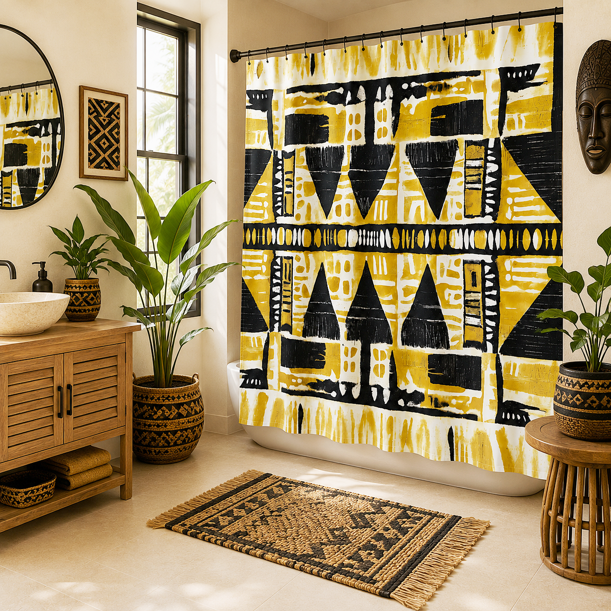 A bathroom scene with a large shower curtain featuring bold black and yellow geometric tribal-style patterns. The room includes a wooden vanity, mirror, potted plants, a patterned rug, and warm neutral walls.