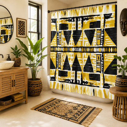 A bathroom scene with a large shower curtain featuring bold black and yellow geometric tribal-style patterns. The room includes a wooden vanity, mirror, potted plants, a patterned rug, and warm neutral walls.