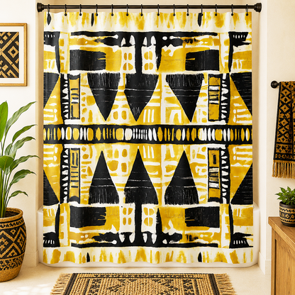 A shower curtain featuring a bold geometric tribal pattern in yellow, black, and white, hanging in a styled bathroom setting with plants, a wooden cabinet, and a matching rug.
