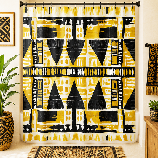 A shower curtain featuring a bold geometric tribal pattern in yellow, black, and white, hanging in a styled bathroom setting with plants, a wooden cabinet, and a matching rug.