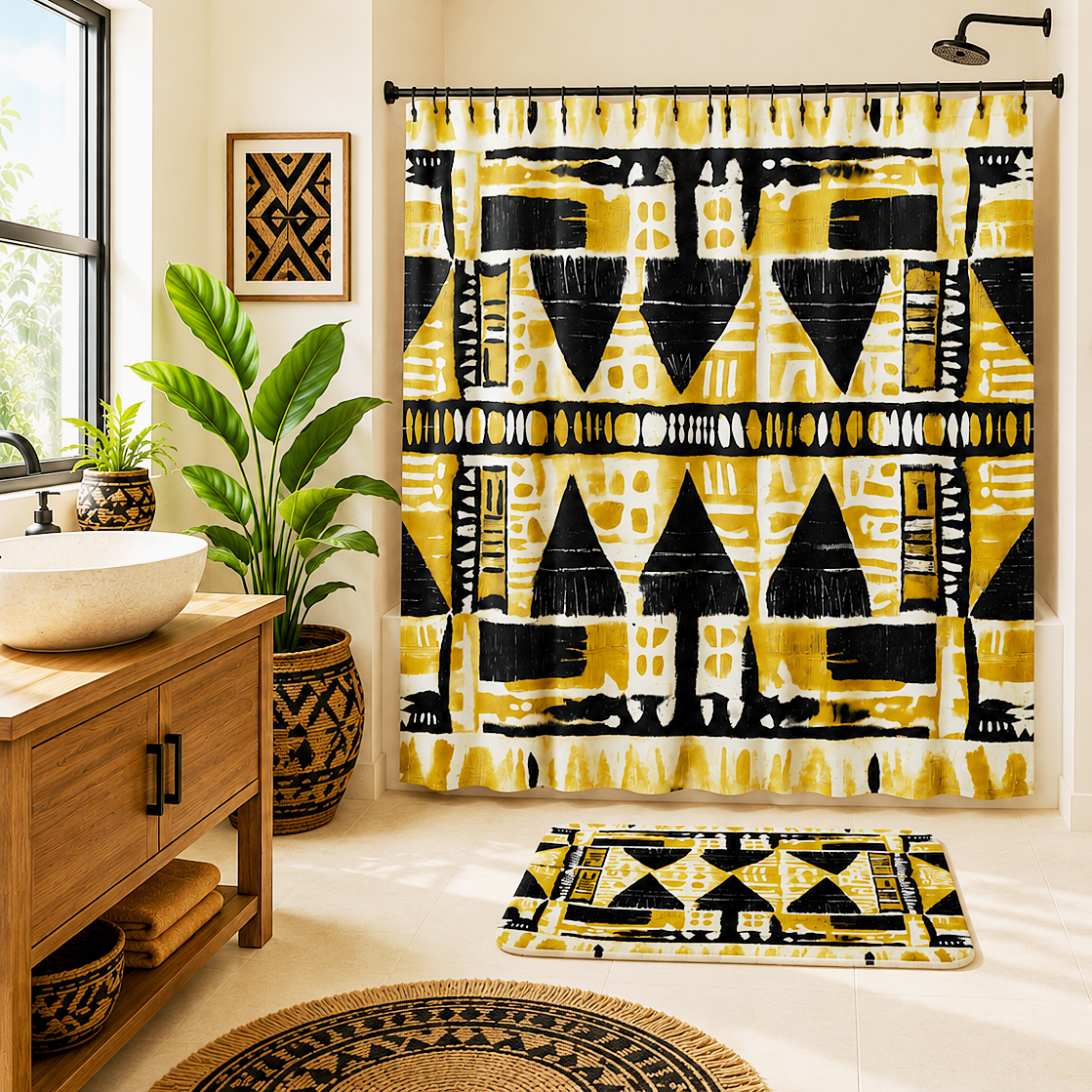 A bathroom scene showing a bold yellow, black, and white geometric patterned shower curtain, matching bath mat, and round rug. The room features a wooden vanity with a white vessel sink, a large potted green plant, and framed wall art.