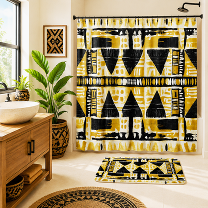 A bathroom scene showing a bold yellow, black, and white geometric patterned shower curtain, matching bath mat, and round rug. The room features a wooden vanity with a white vessel sink, a large potted green plant, and framed wall art.
