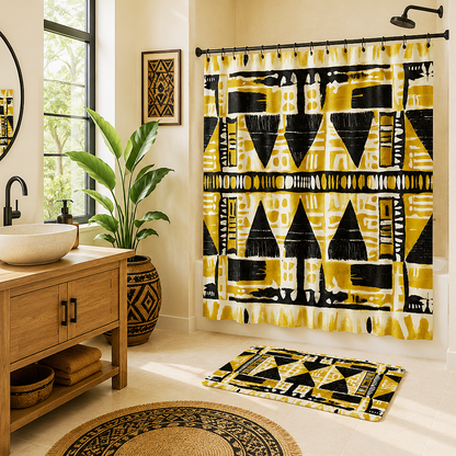 A bathroom scene showing a shower curtain, matching bath mat, and round rug in a bold yellow, black, and white geometric pattern. The room includes a wooden vanity with a white vessel sink, a potted plant, a window, and framed wall art.