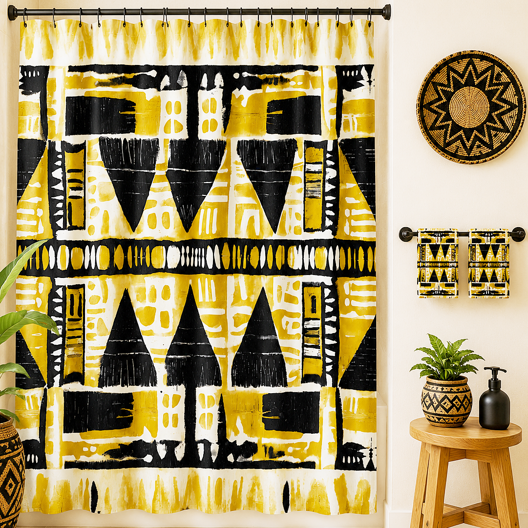 A shower curtain with a bold African-inspired geometric pattern in yellow, black, and white, hanging in a styled bathroom setting next to a wooden stool and decorative wall art.