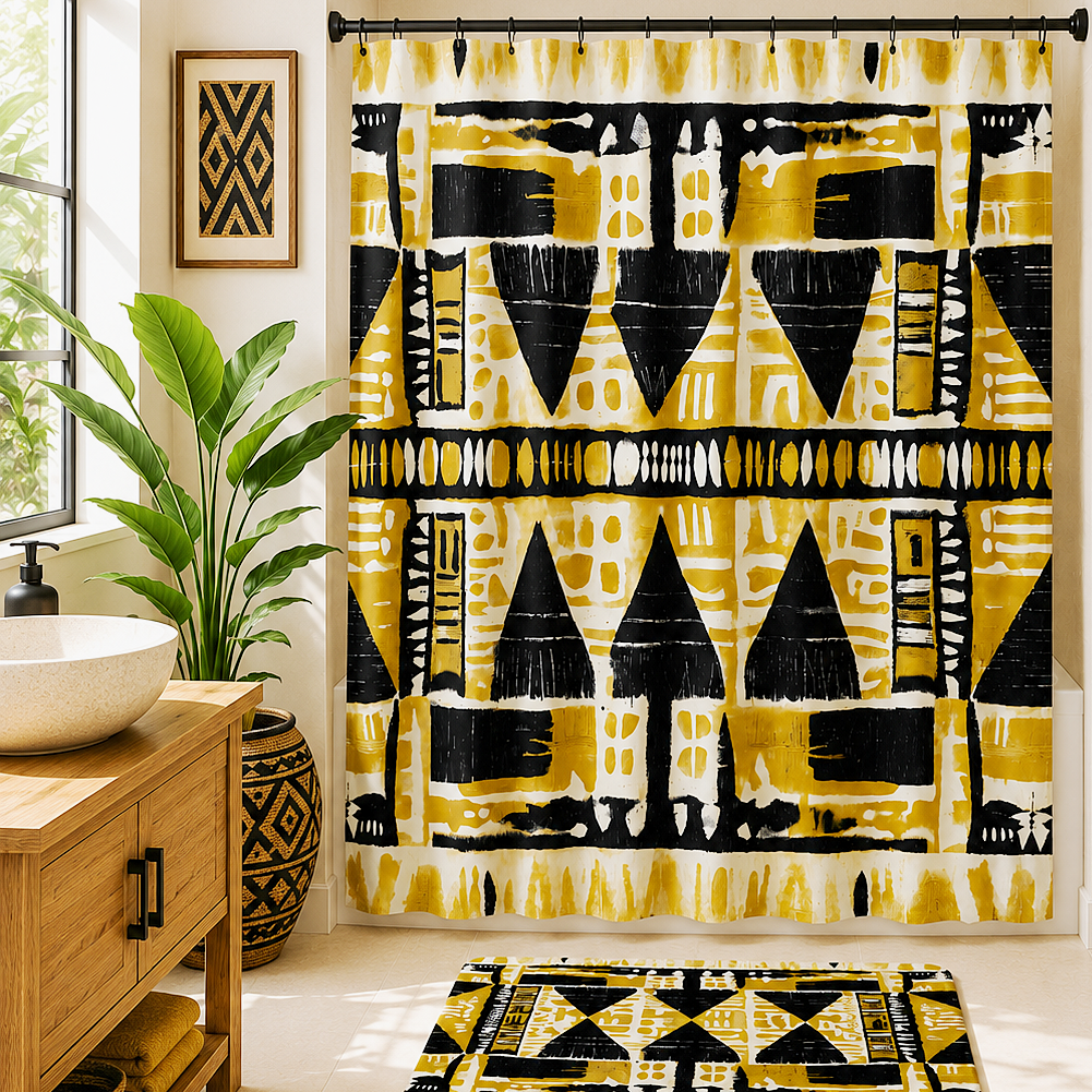 A bathroom scene with a bold geometric shower curtain and matching bath mat in mustard yellow, black, and white. The room includes a wooden vanity, white vessel sink, potted plant, framed wall art, and a window.
