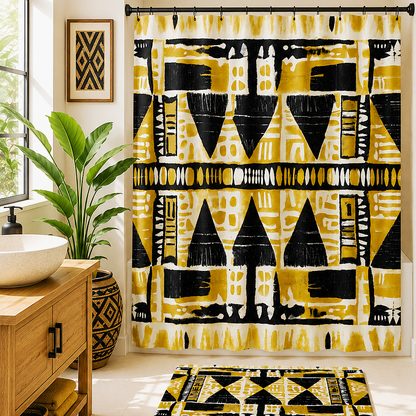 A bathroom scene with a bold geometric shower curtain and matching bath mat in mustard yellow, black, and white. The room includes a wooden vanity, white vessel sink, potted plant, framed wall art, and a window.