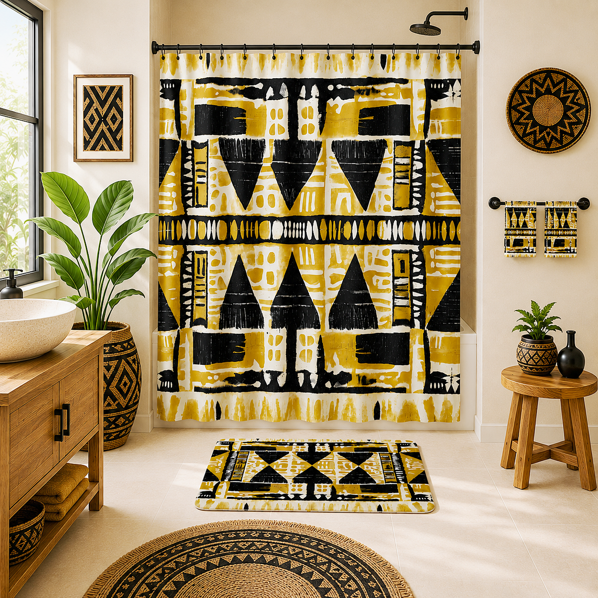 A bathroom scene featuring a bold yellow, black, and white geometric patterned shower curtain, matching bath mat, and wall decor. The room includes a wooden vanity with a white vessel sink, a potted plant, a small wooden stool, and a round woven rug.