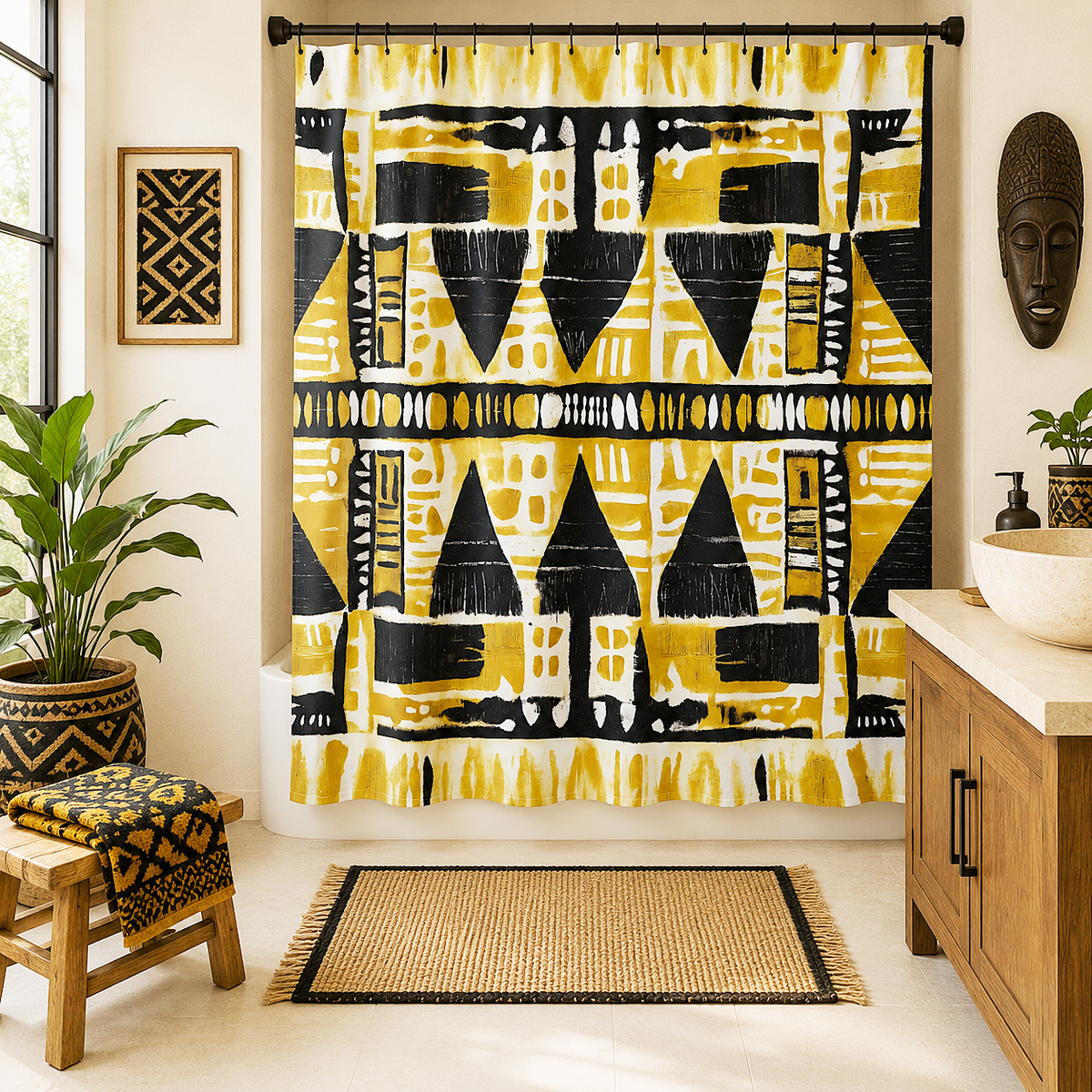 A yellow, black, and white geometric patterned shower curtain hanging in a styled bathroom with wooden furniture, a plant, and a woven rug.