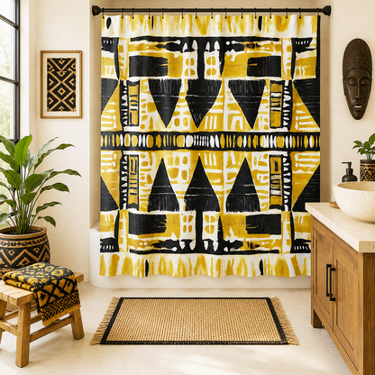 A yellow, black, and white geometric patterned shower curtain hanging in a styled bathroom with wooden furniture, a plant, and a woven rug.