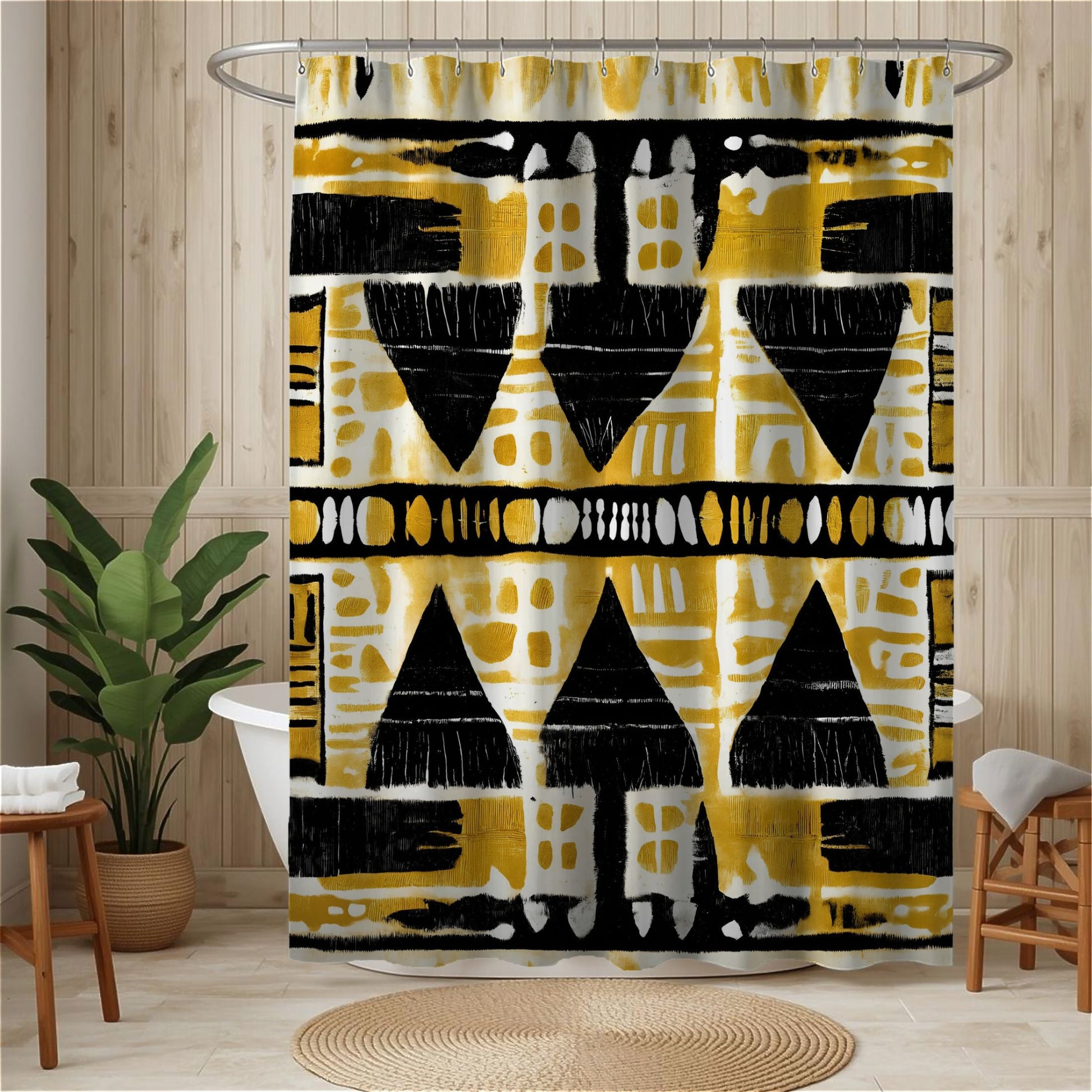 African Print Shower curtain with black and yellow geometric pattern in a bathroom setting