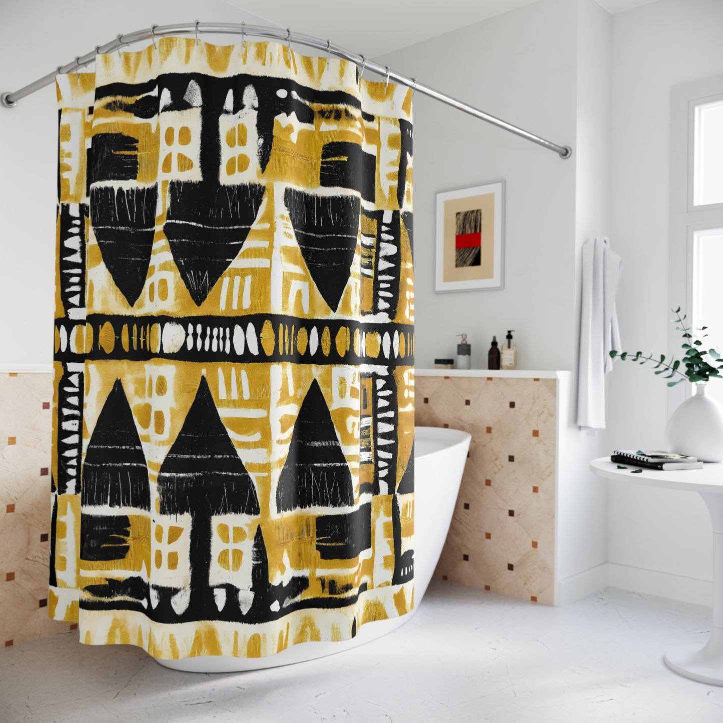 Tribal print shower curtain with black and yellow pattern in a bathroom setting