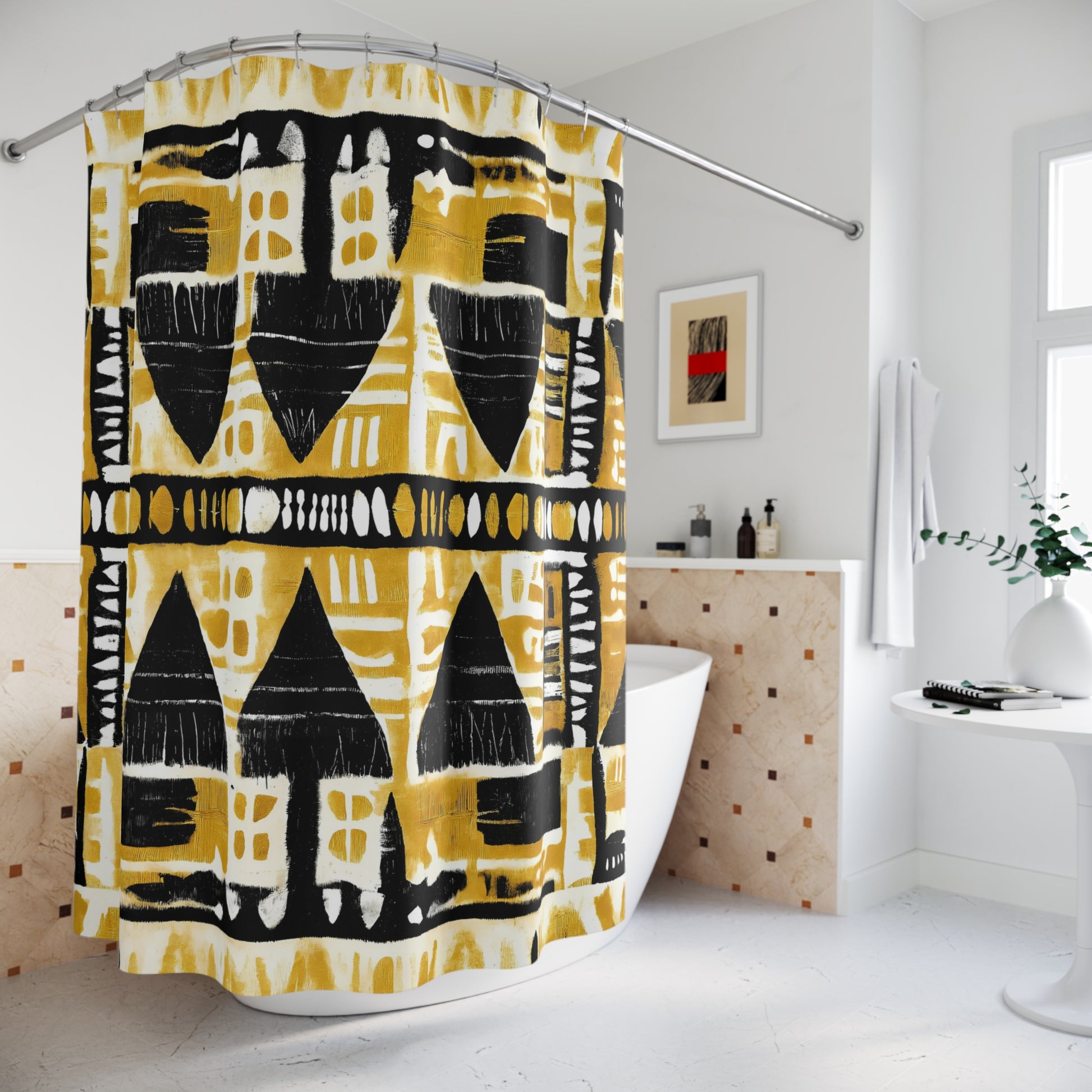 Tribal print shower curtain with black and yellow pattern in a bathroom setting