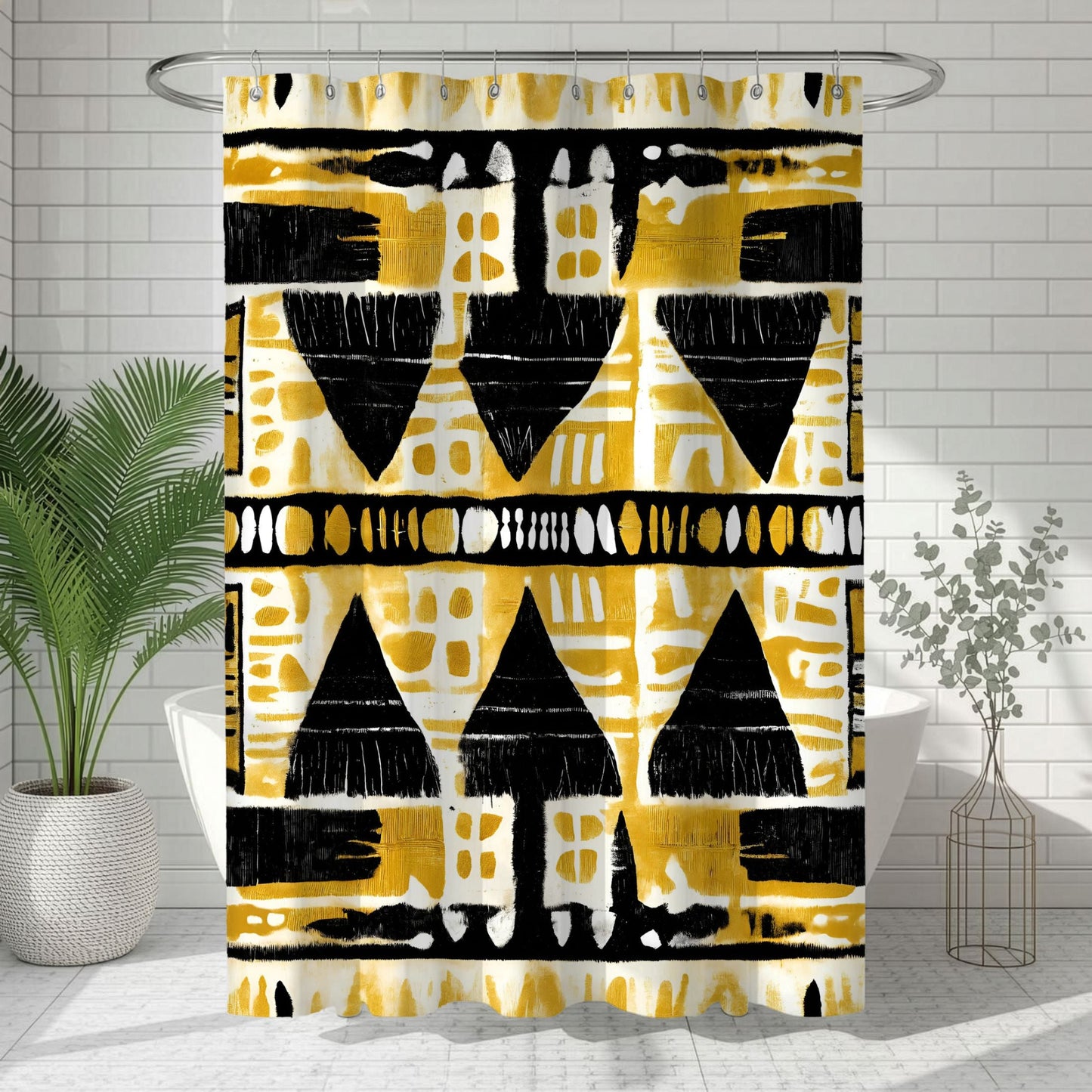 Tribal Print Shower curtains with geometric pattern in yellow, black, and white on a bathroom setting.