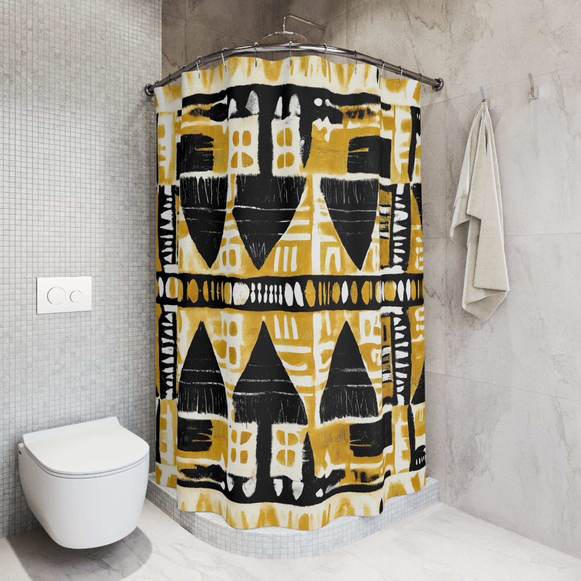 boho shower curtain with black and yellow pattern in a bathroom setting