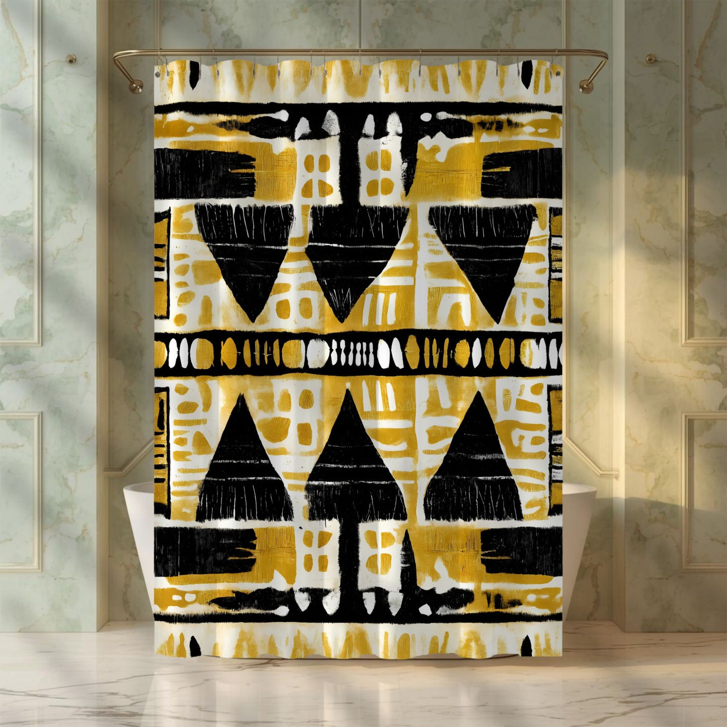 Mudcloth shower curtain with geometric pattern in yellow, black, and white on a marble bathroom background