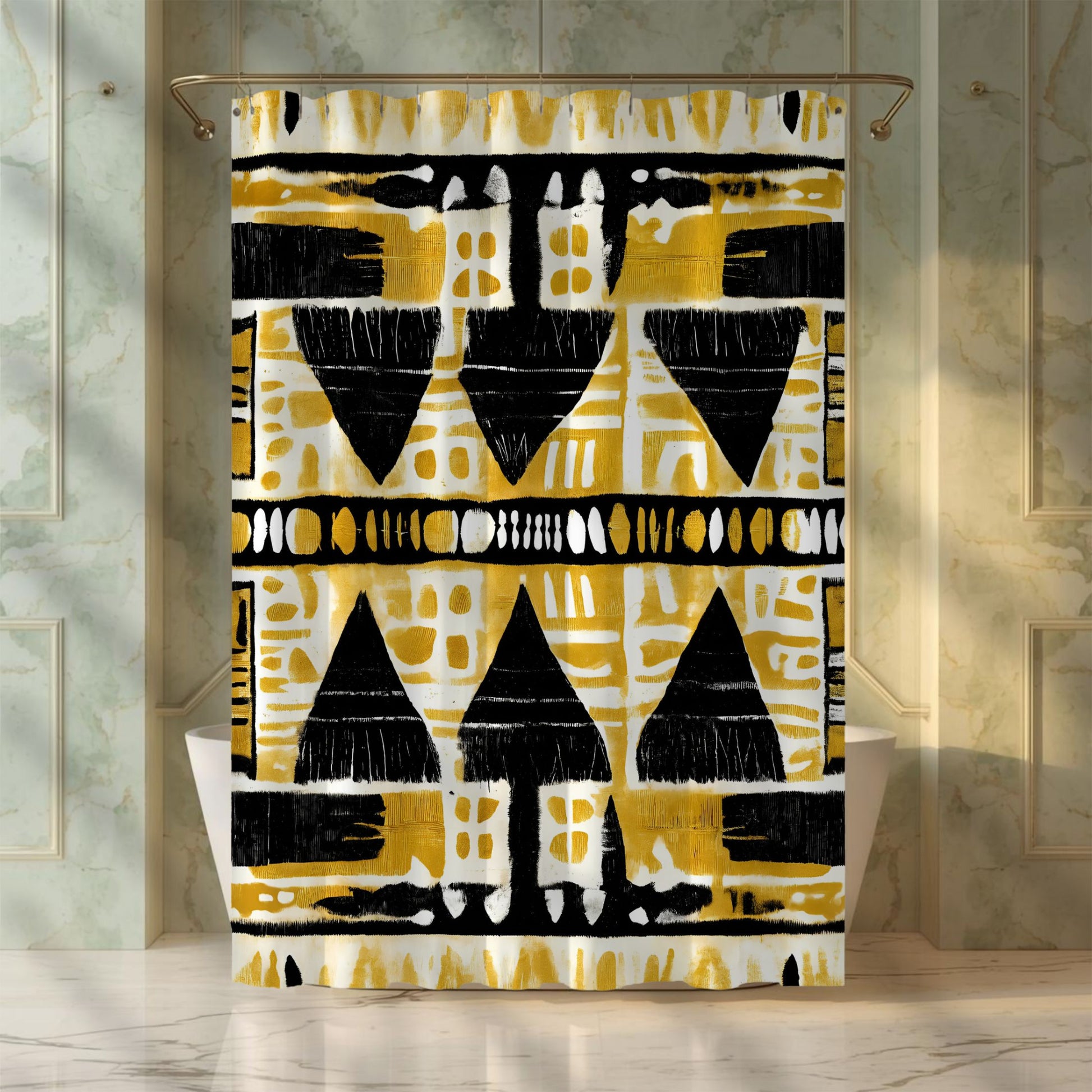 Mudcloth shower curtain with geometric pattern in yellow, black, and white on a marble bathroom background