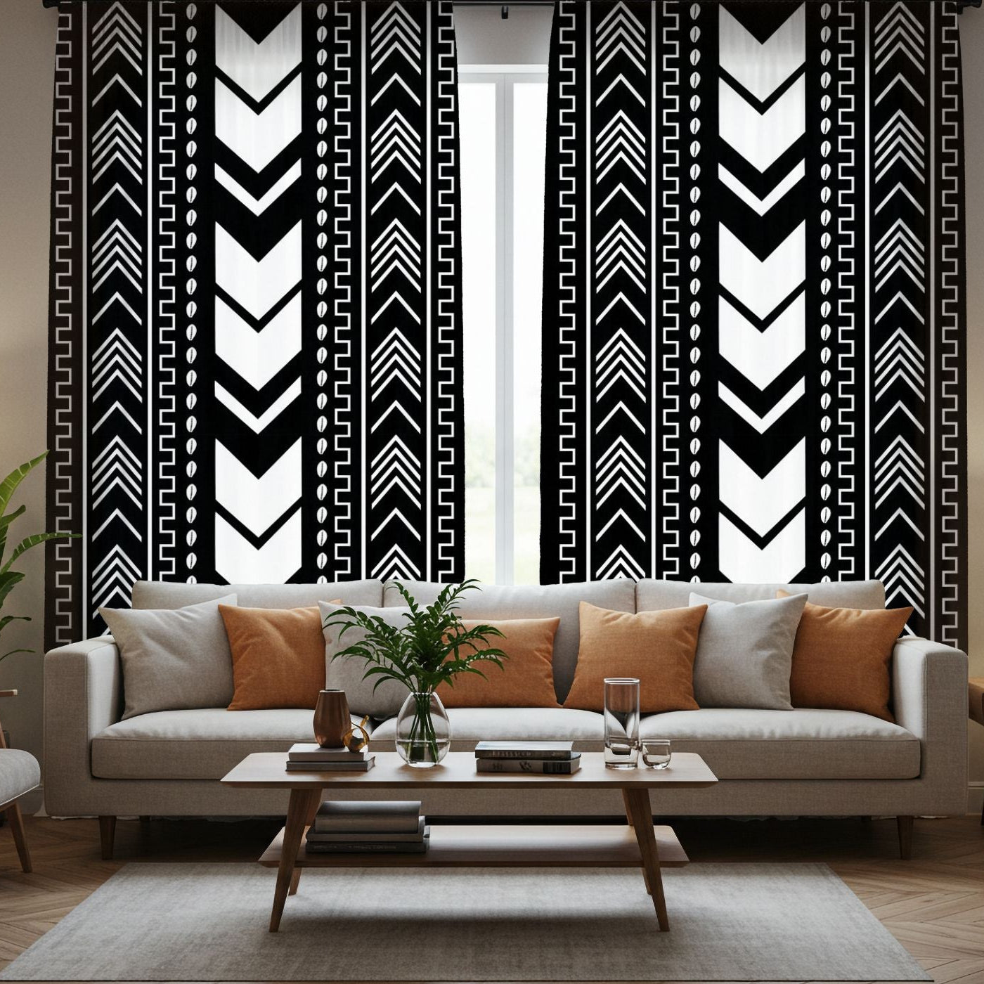 Mudcloth Curtains in a Living room with a sofa, coffee table, and decorative wall art.