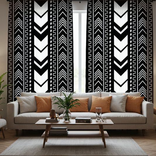 Mudcloth Curtains in a Living room with a sofa, coffee table, and decorative wall art.