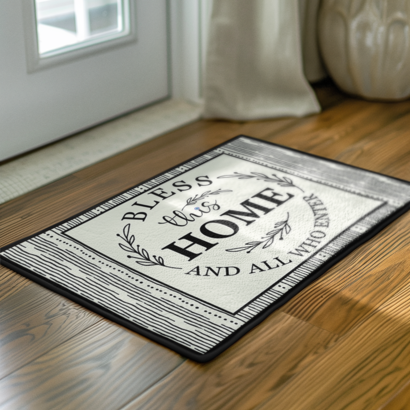 Decorative doormat with 'Bless this home and all who enter' text on a wooden floor.