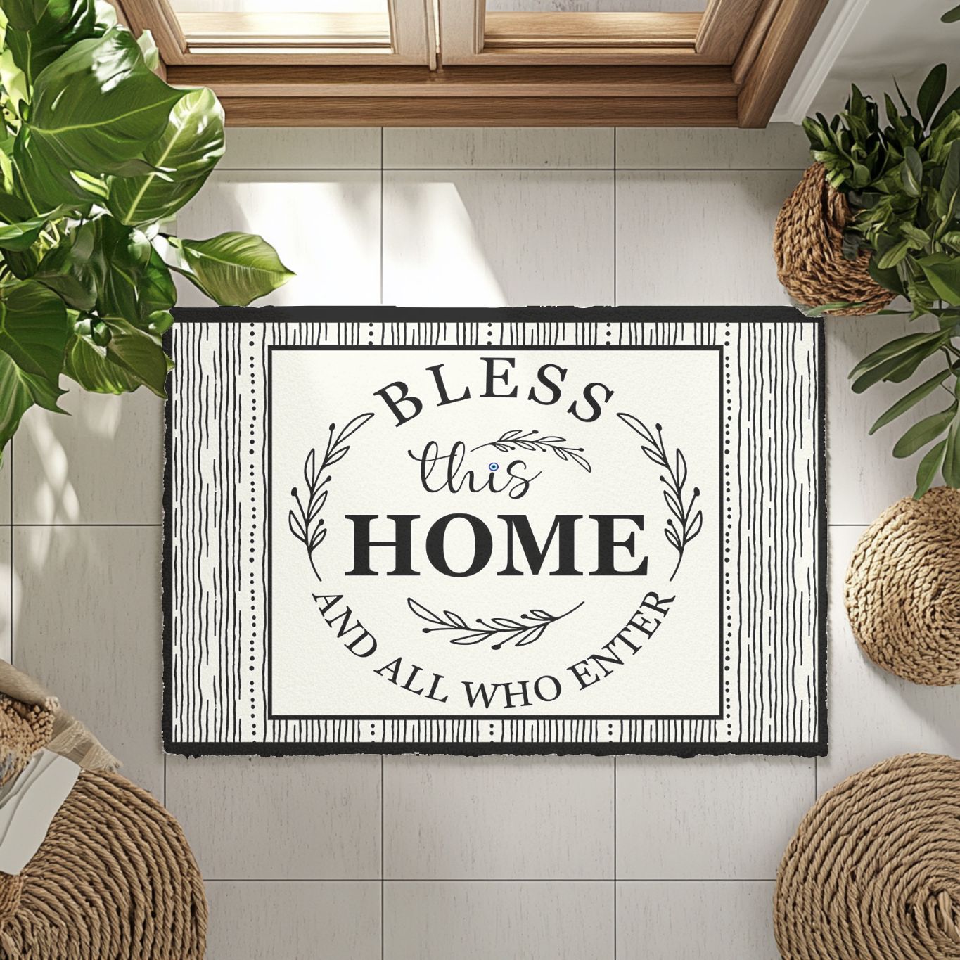 Decorative doormat with 'Bless this Home and All Who Enter' text on a tiled floor.