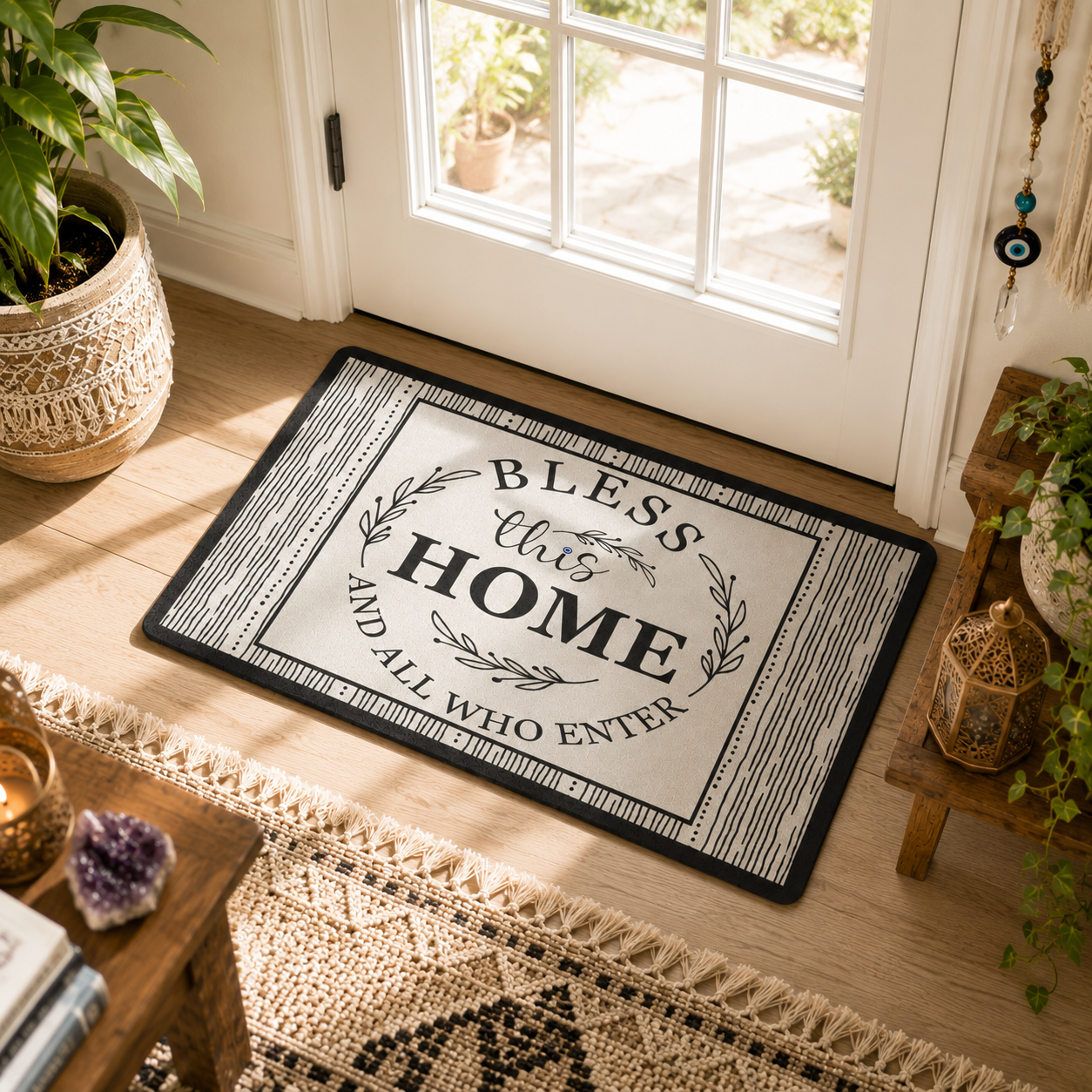 Decorative doormat with 'Bless this home and all who enter' text on a wooden floor.