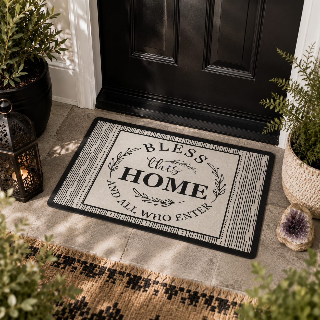 Decorative doormat with 'Bless this home and all who enter' text on a porch with plants and a lantern.