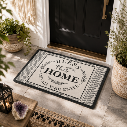 Decorative doormat with 'Bless this Home' text on a porch with plants and a lantern.