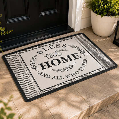 Decorative doormat with 'Bless this Home and All Who Enter' text on a stone floor.