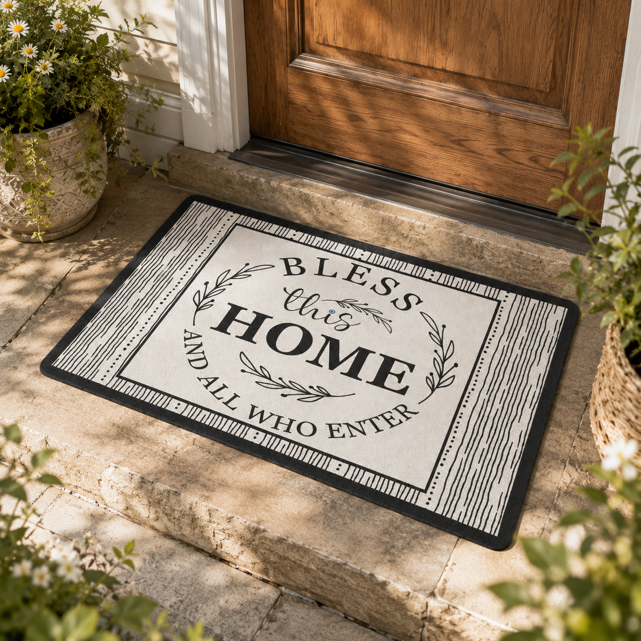 Decorative doormat with 'Bless this Home and all who enter' text on a stone porch.