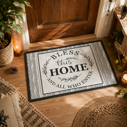 Decorative doormat with 'Bless this Home and All Who Enter' text on a wooden floor.