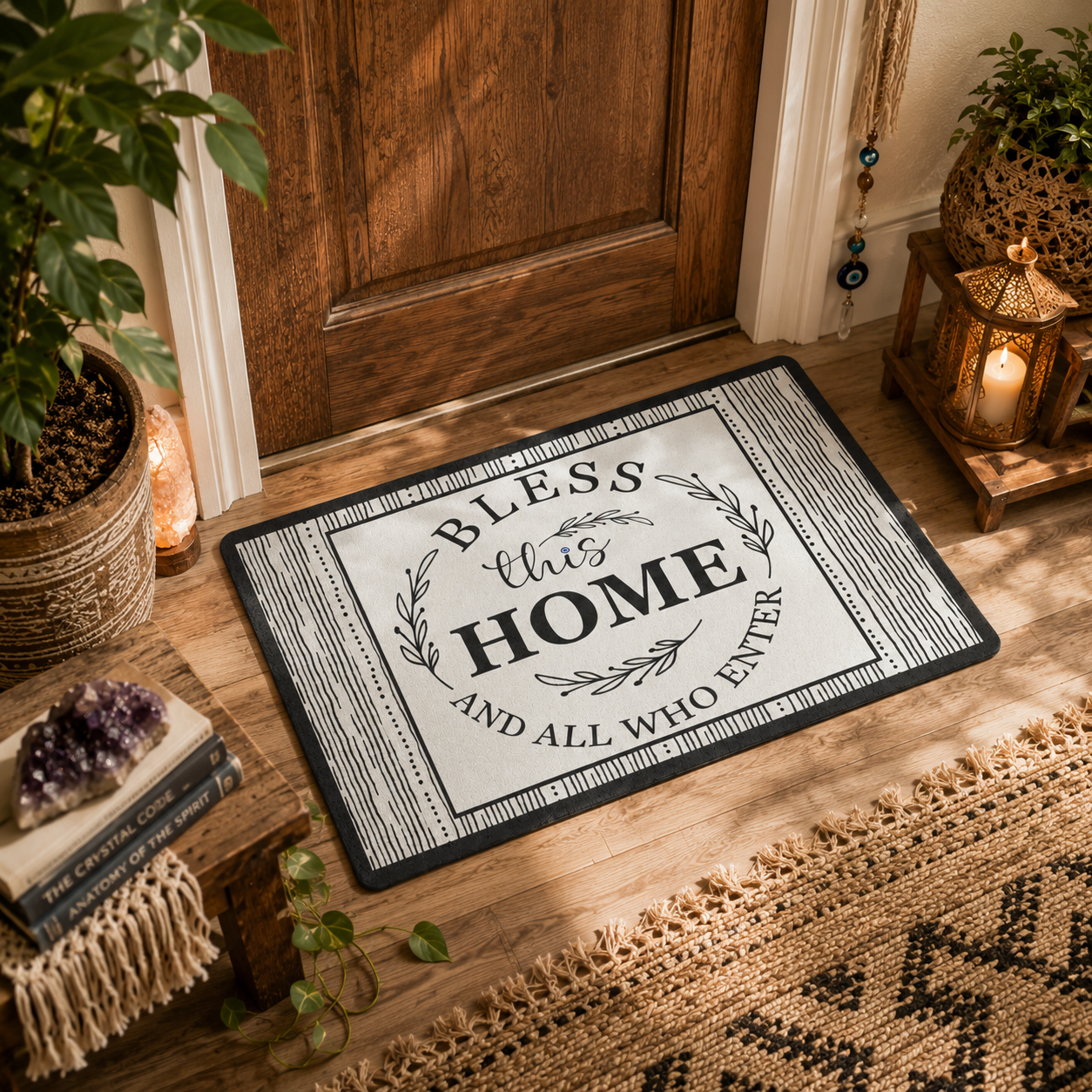 Decorative doormat with 'Bless this Home' text on a wooden floor.