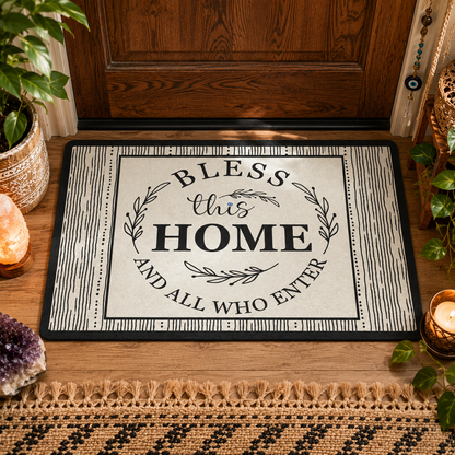 Decorative doormat with 'Bless this Home and All Who Enter' text on a wooden floor.