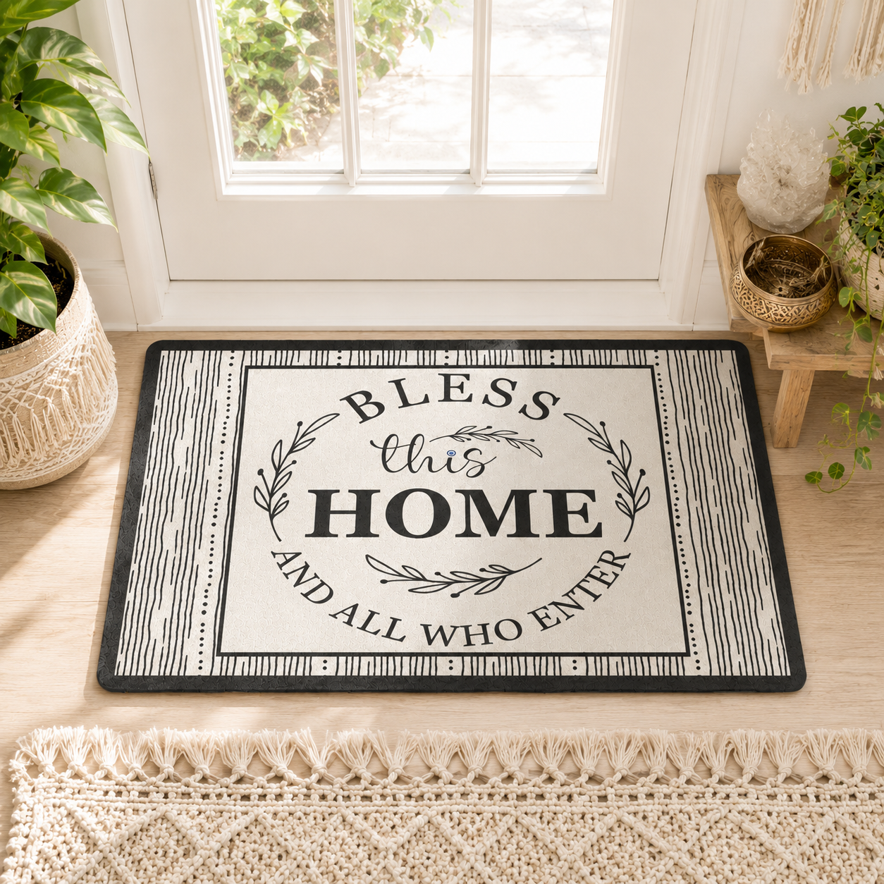Decorative doormat with 'Bless this Home and All Who Enter' text in a home setting.