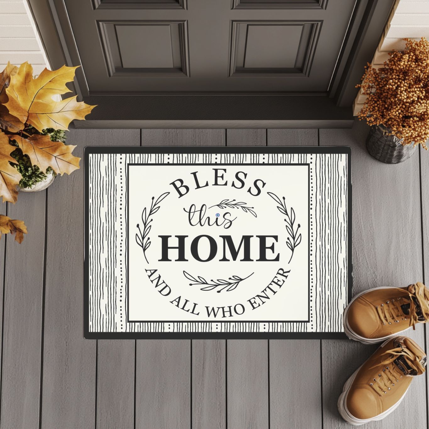 Doormat with 'Bless this Home and All Who Enter' text on a wooden floor.
