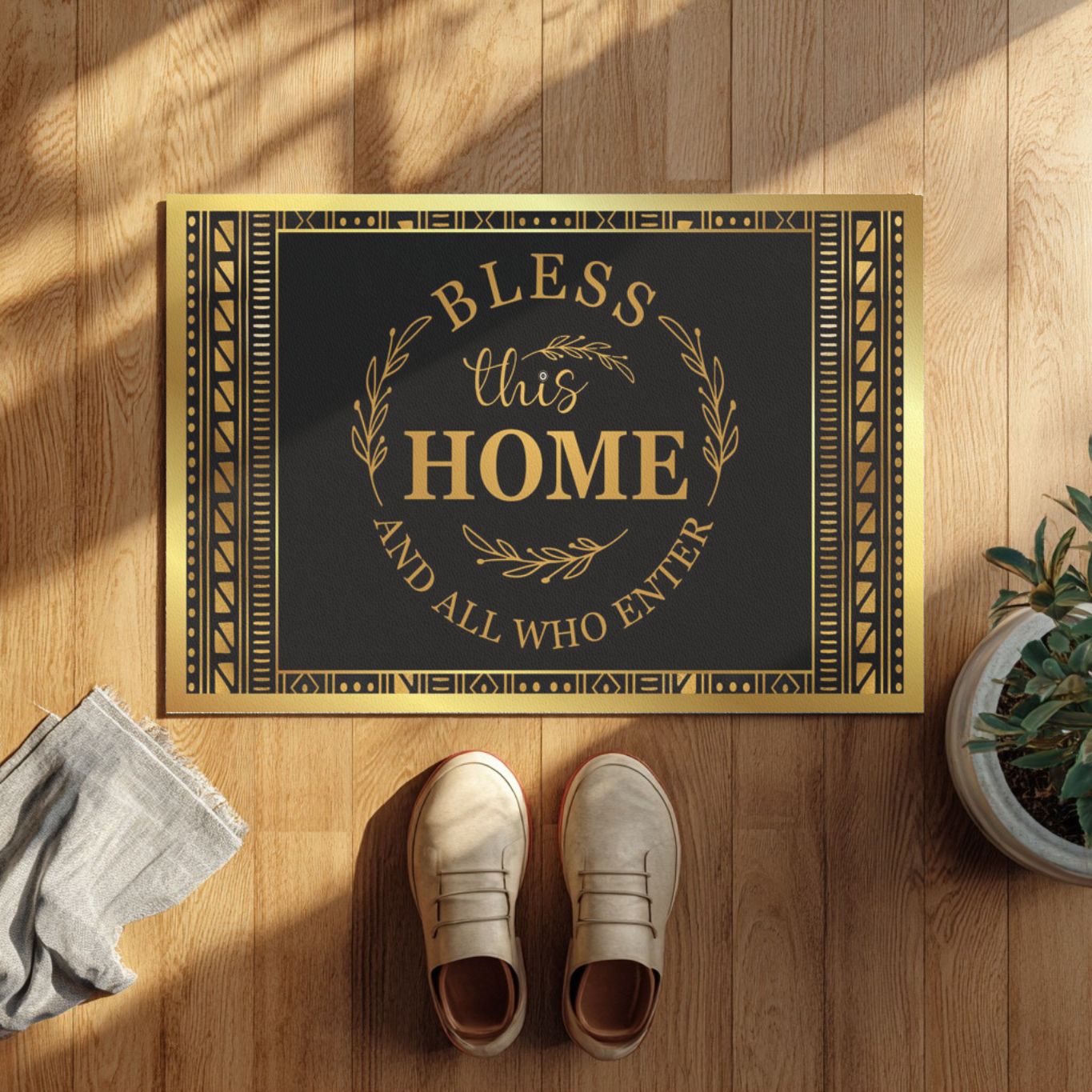 Decorative doormat with 'Bless this Home and All Who Enter' text on a wooden floor.