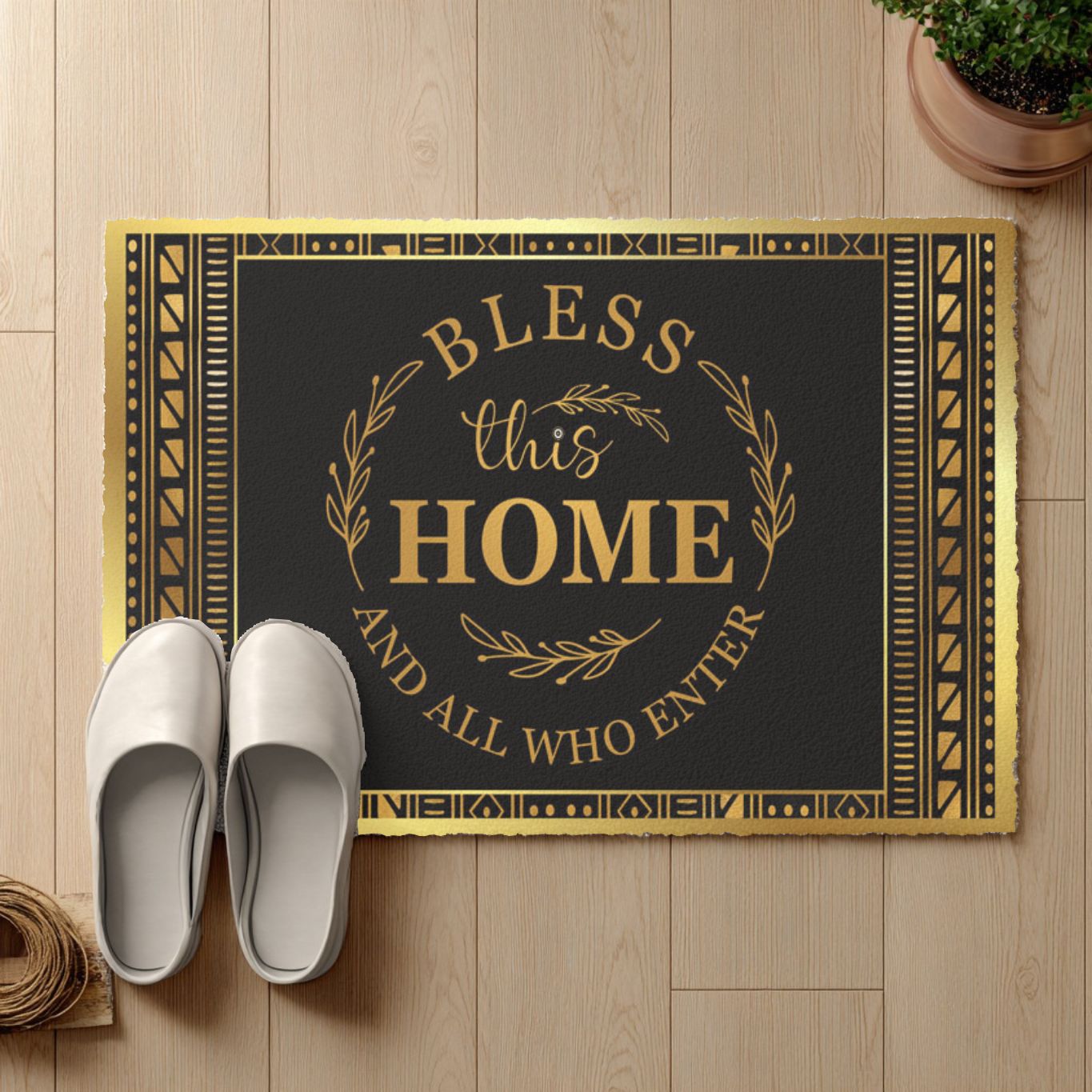 Decorative doormat with 'Bless this Home' text on a wooden floor with white shoes.