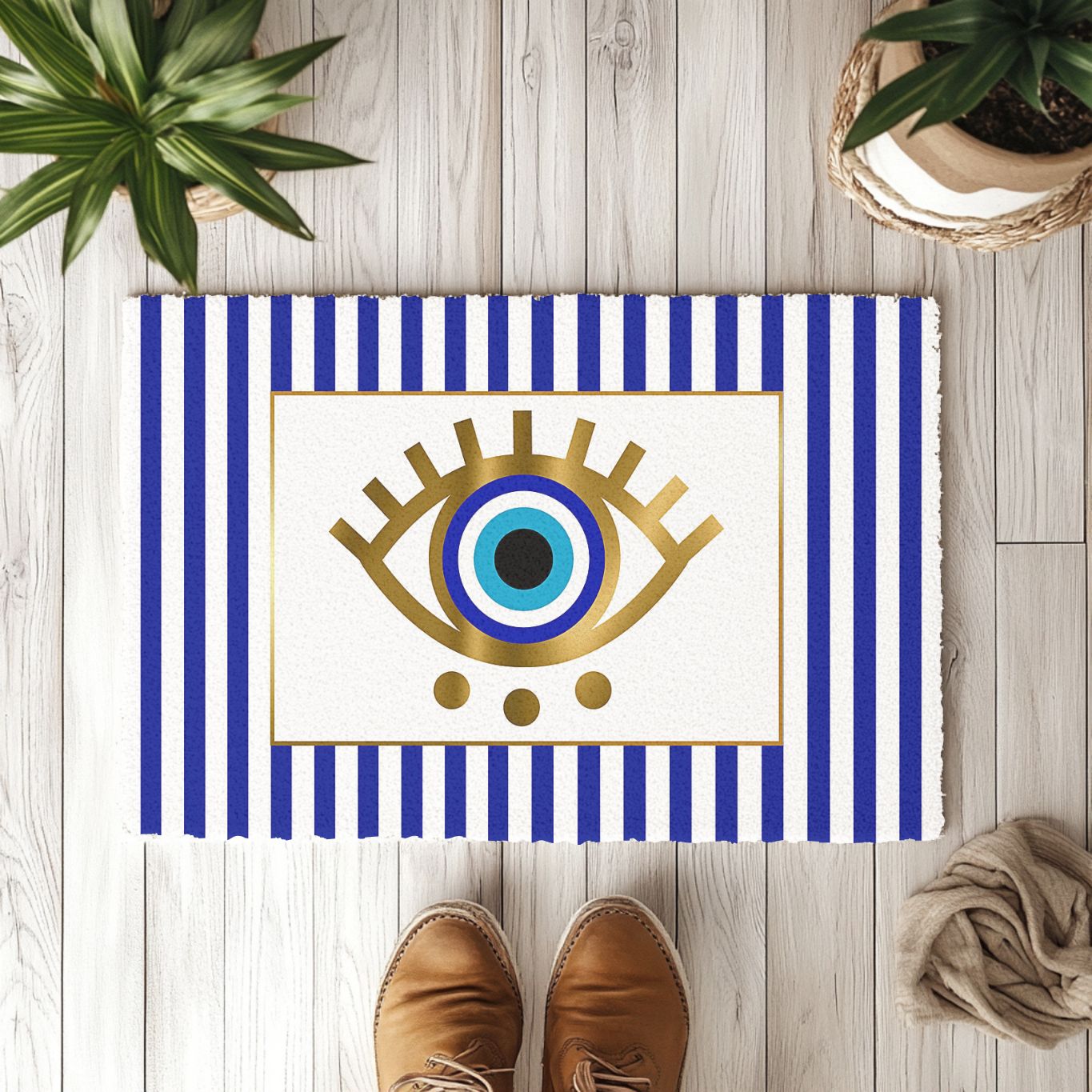 Doormat with evil eye design and blue stripes on a wooden floor
