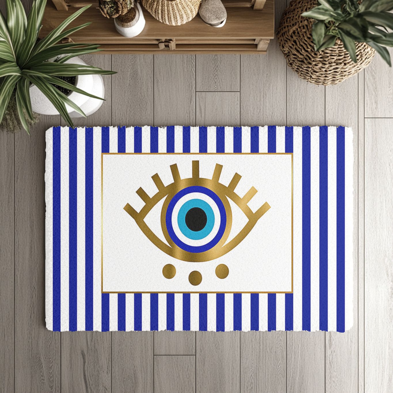 Decorative rug with evil eye design and blue stripes on a wooden floor.