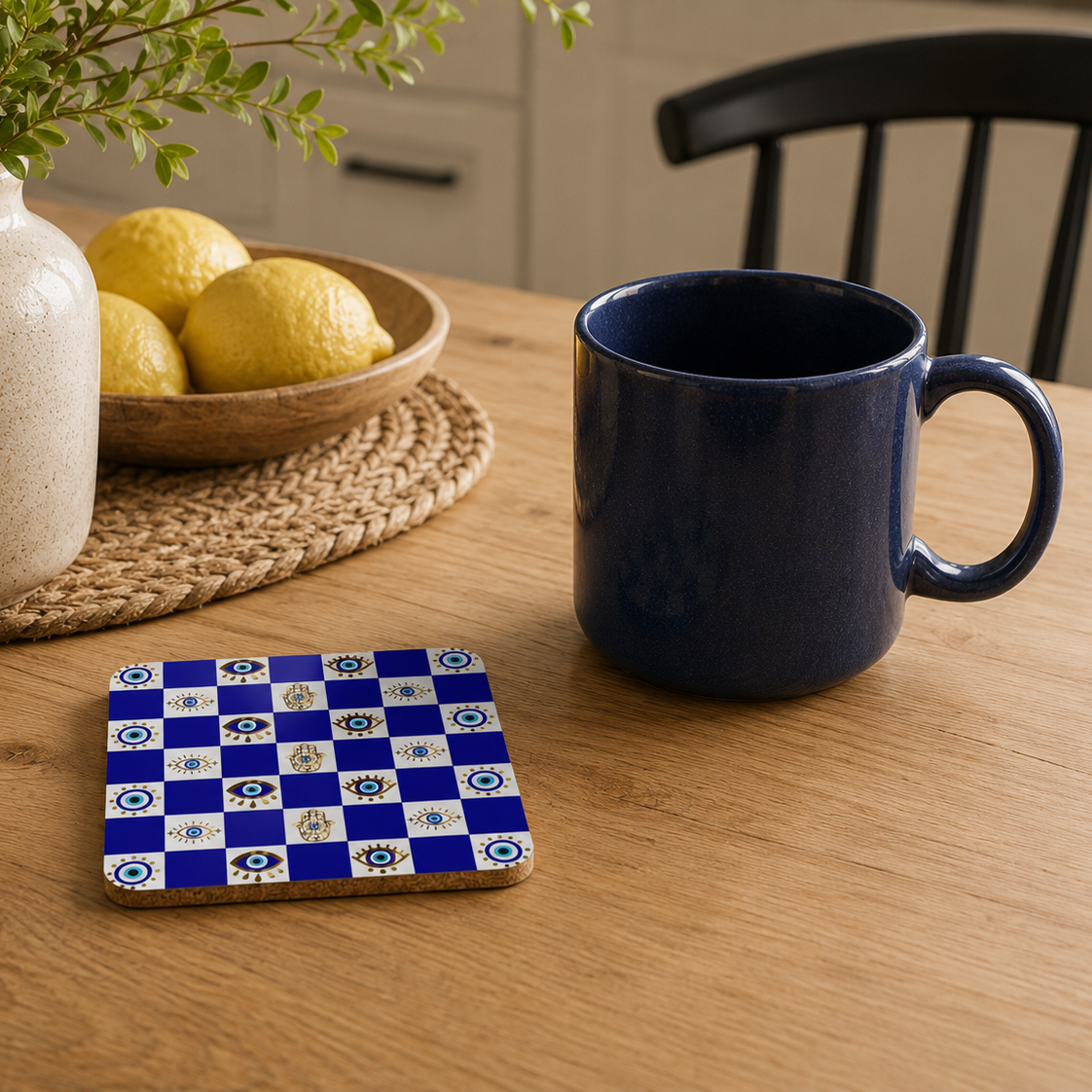 Navy blue mug on a wooden table with a checkered coaster, lemons, and a vase.