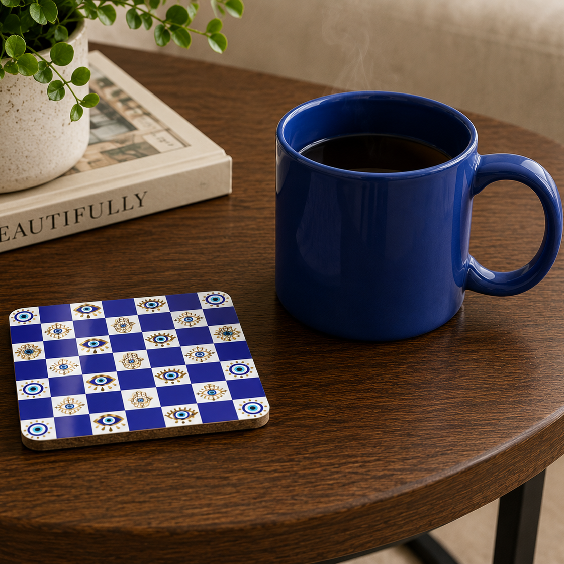 Blue mug on a wooden table with a decorative coaster and a plant in the background