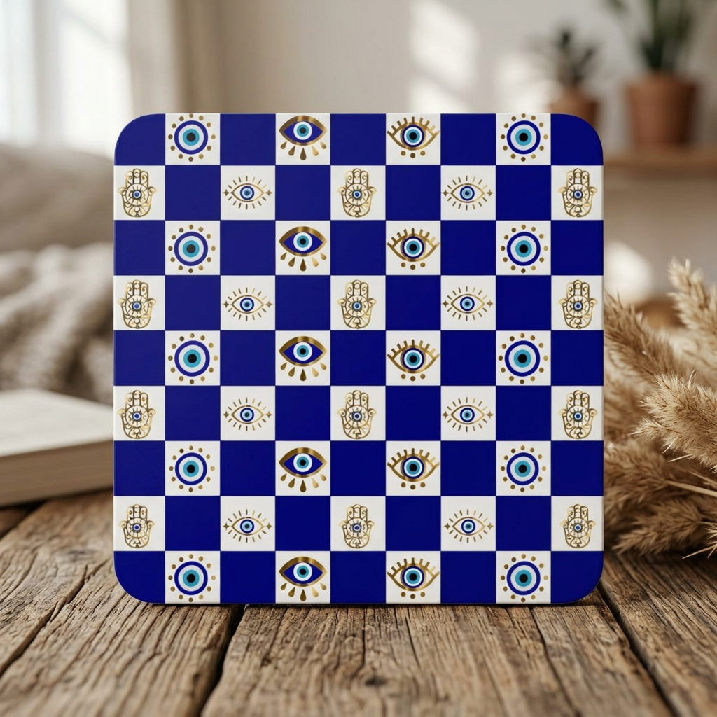 Blue and white checkered mouse pad with decorative patterns on a wooden surface.