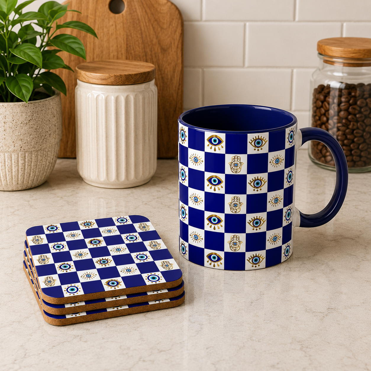 Blue checkered mug and coasters on a kitchen counter with a plant and jars in the background.