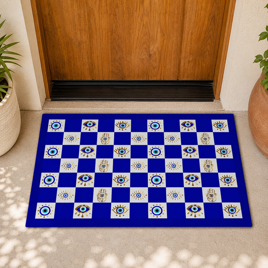 A rectangular blue and white doormat with a checkered pattern of evil eye and hamsa motifs, placed in front of a wooden door on a light concrete porch with potted plants on both sides.
