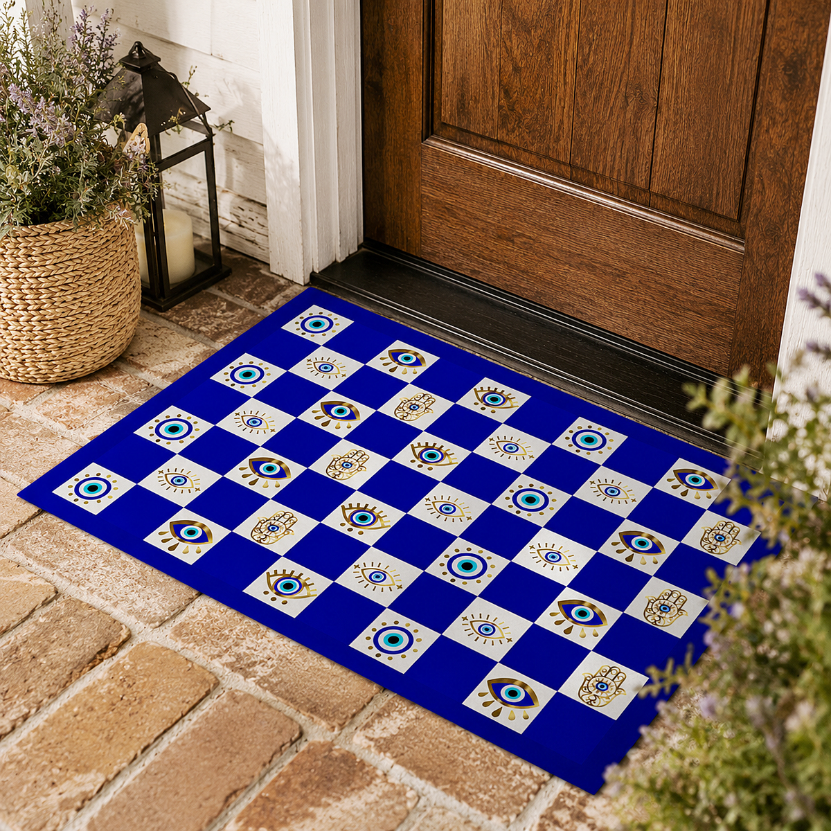 A rectangular blue and white checkered doormat with evil eye tile patterns, placed on a brick porch in front of a wooden door.