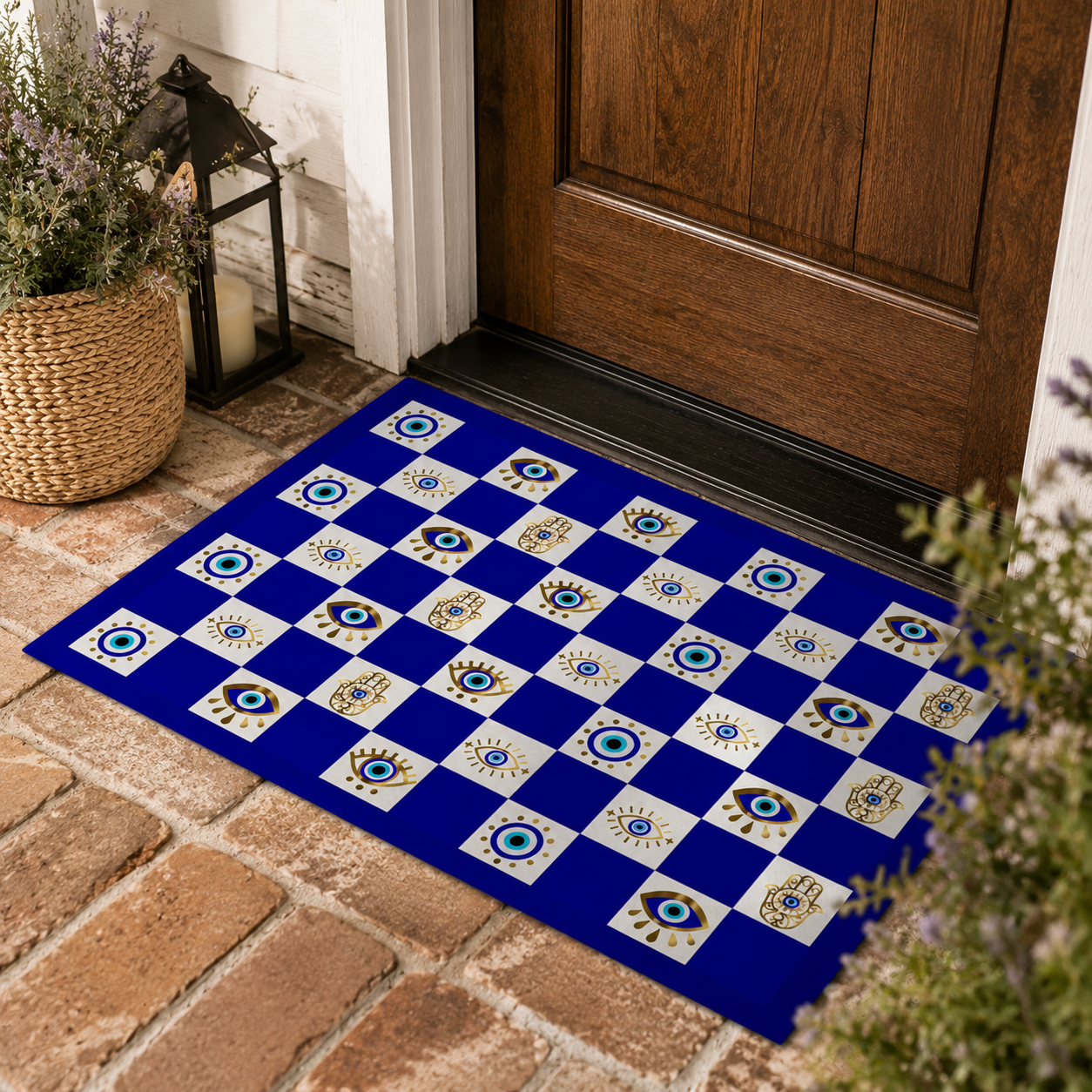Decorative doormat with a blue and white checkered pattern on a brick floor.