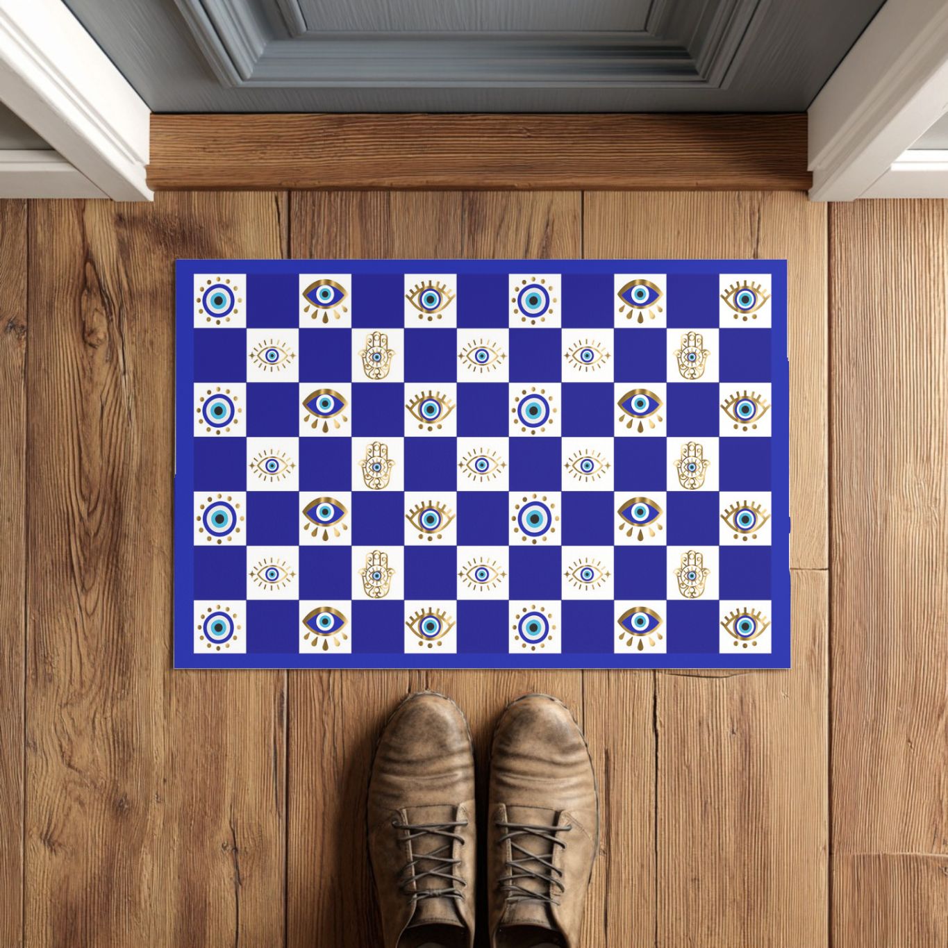 Blue and white checkered doormat with eye design on a wooden floor.
