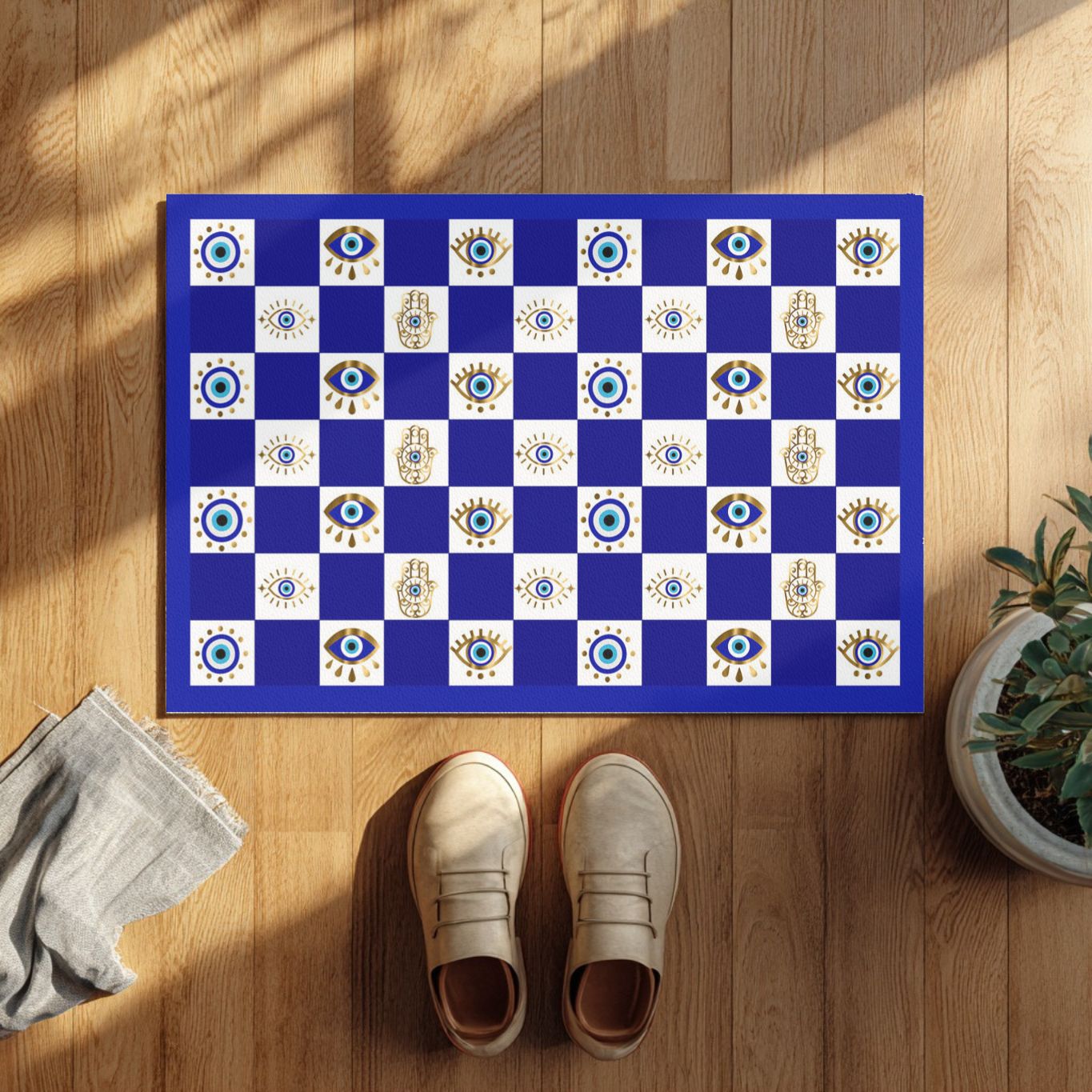 Checkered mat with evil eye pattern on a wooden floor