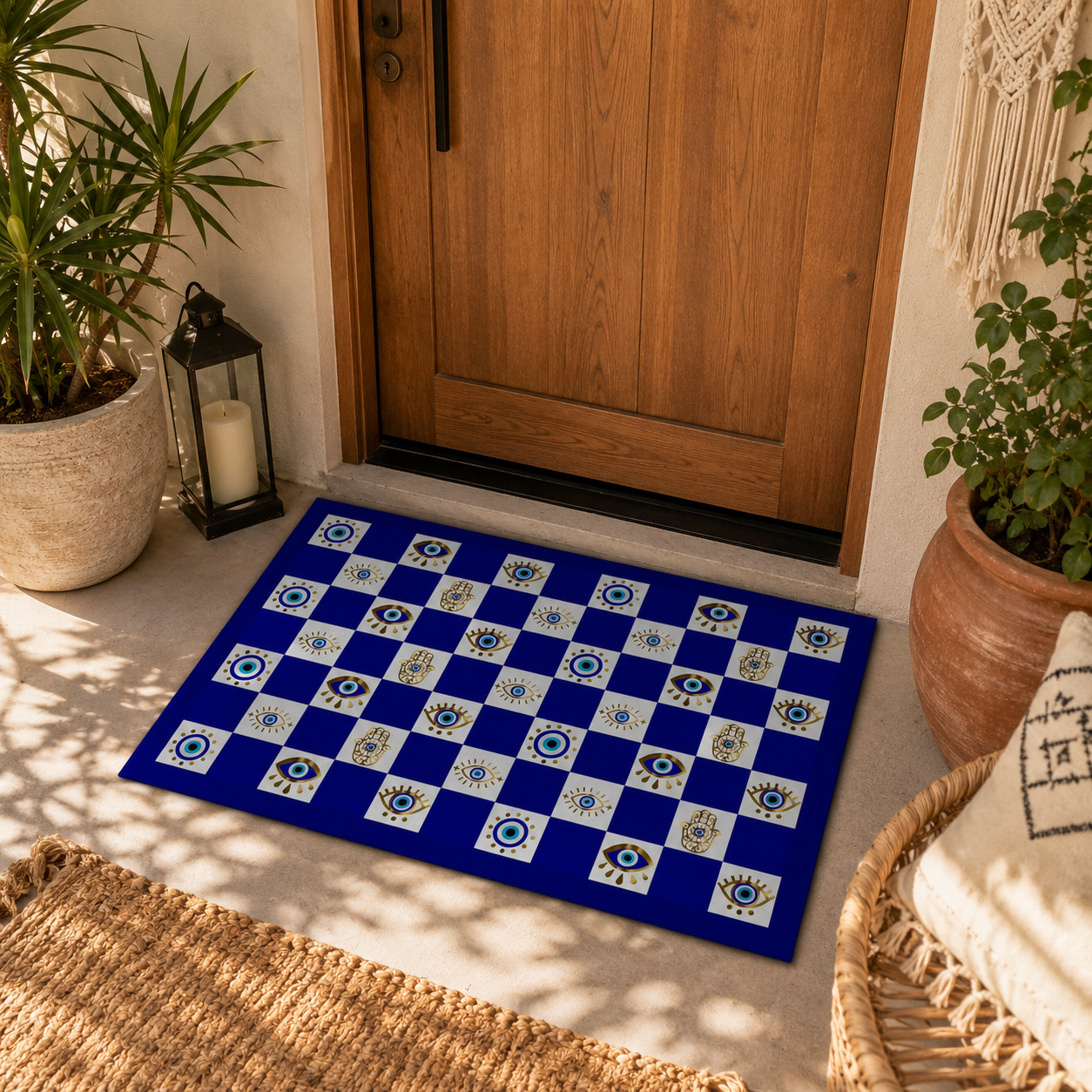 Decorative blue and white checkered mat with evil eye pattern on a light-colored floor in front of a wooden door.l