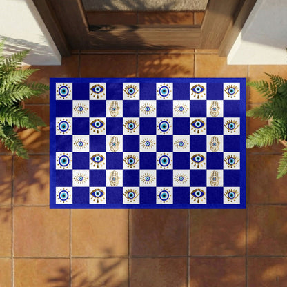 Decorative mat with geometric patterns on a tiled floor