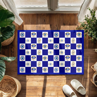 Checkered rug with evil eye pattern on a wooden floor
